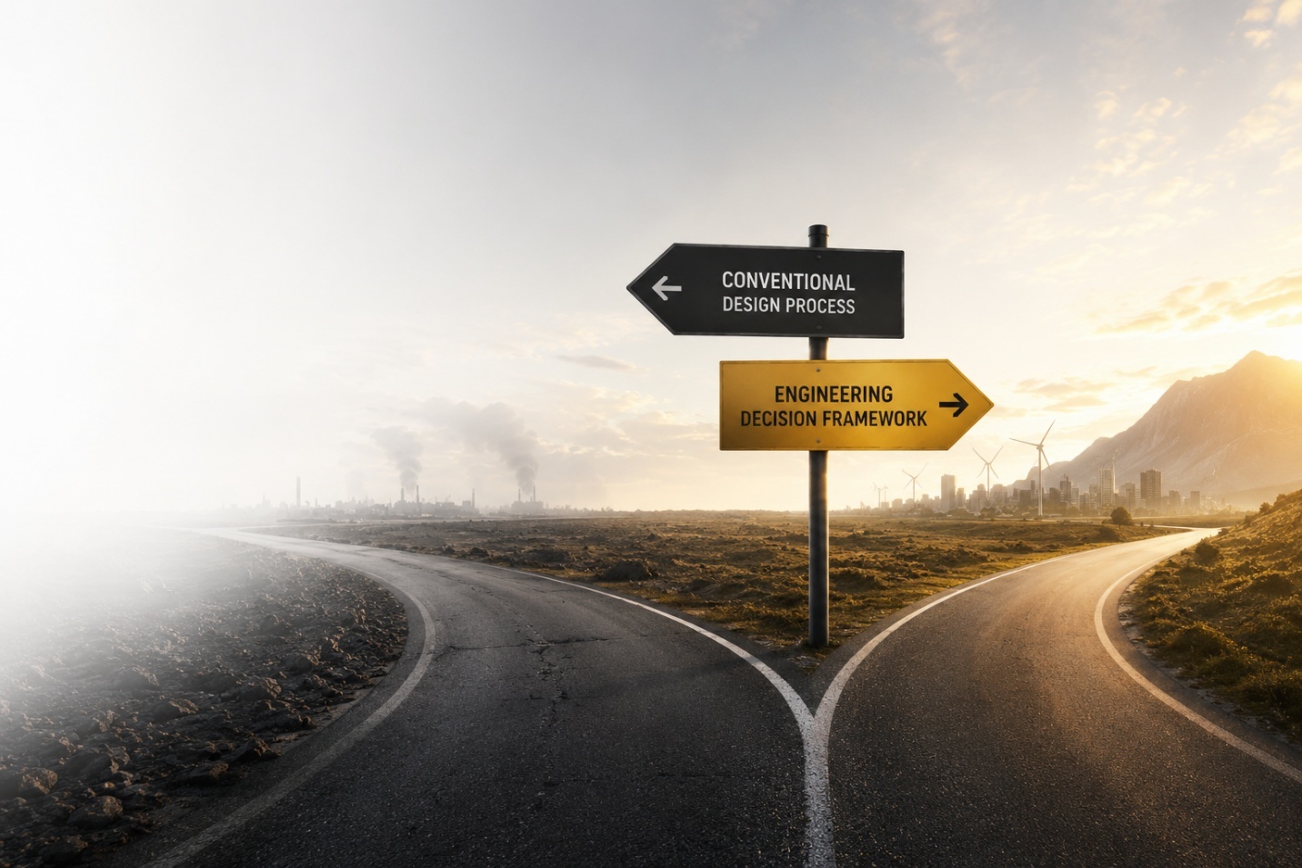Engineering decision framework sign pointing toward a structured motor design process instead of a conventional design process.