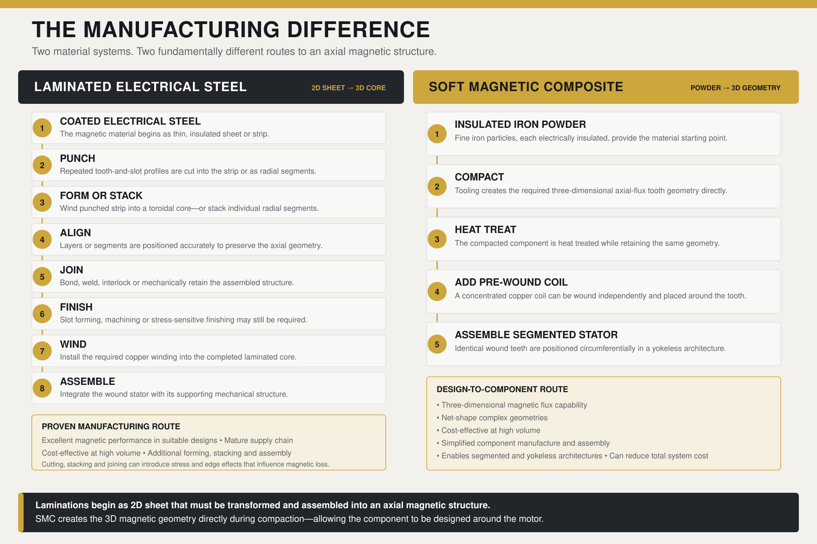 Manufacturing comparison: laminated electrical steel is cut, formed, stacked and assembled; Soft Magnetic Composite powder is compacted directly into three-dimensional stator teeth.