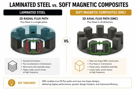Soft Magnetic Composites compared with laminated steel for 3D magnetic flux paths
