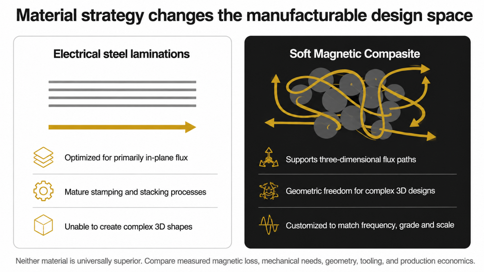 Comparison of electrical steel laminations and soft magnetic composites for motor geometry, three-dimensional flux paths, and manufacturability.