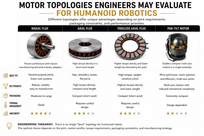 Comparison of electric motor topologies for humanoid robotics applications