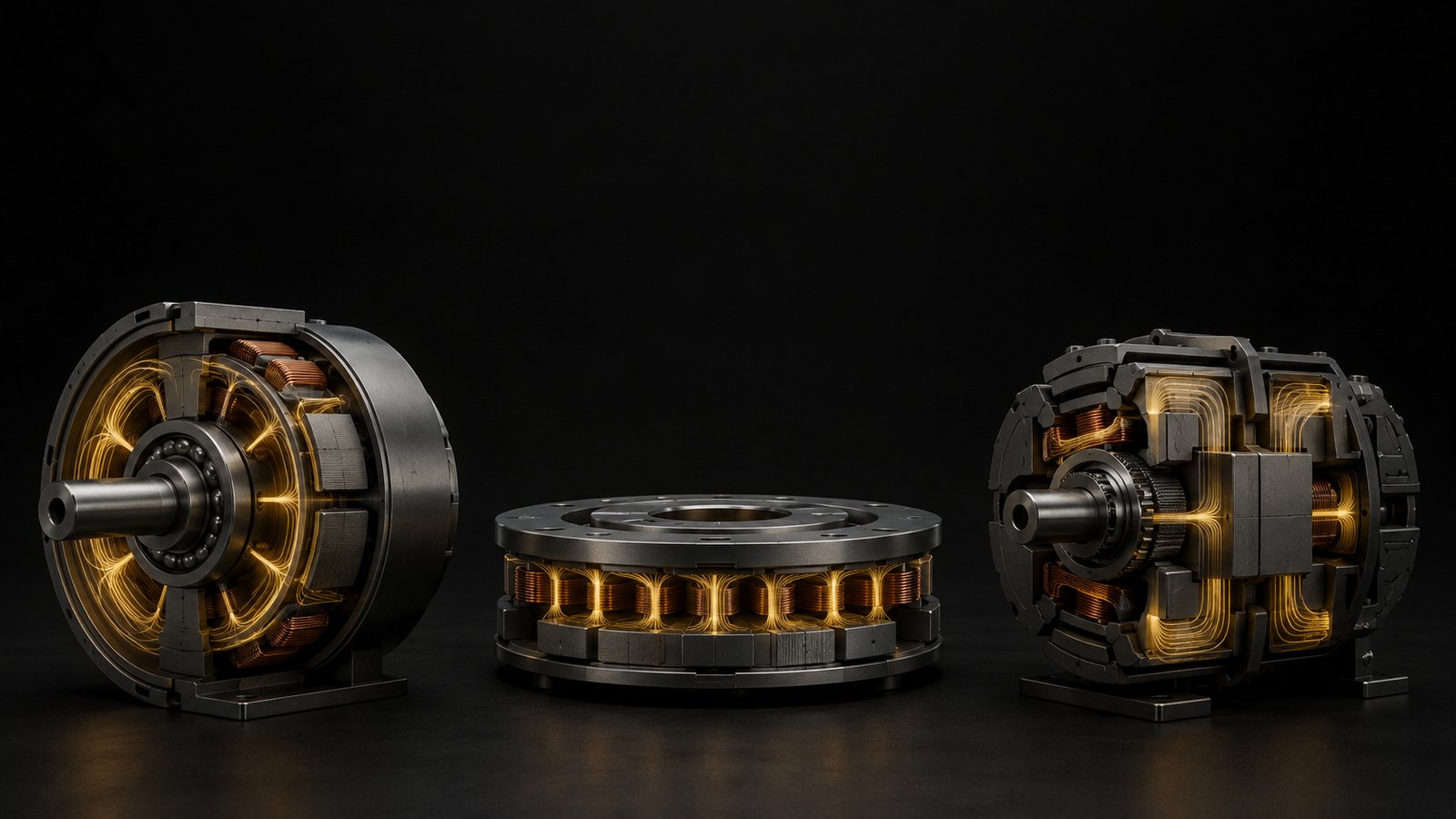 Conceptual comparison of radial, axial, and transverse flux motor architectures.