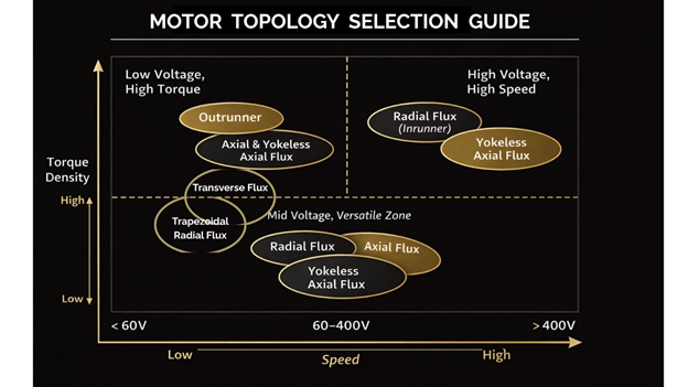 Chart showing motor topology selection based on voltage, torque density, and speed, highlighting outrunner, radial flux, axial flux, yokeless axial flux, and transverse flux across low (<60V), mid (60–400V), and high (>400V) voltage ranges.