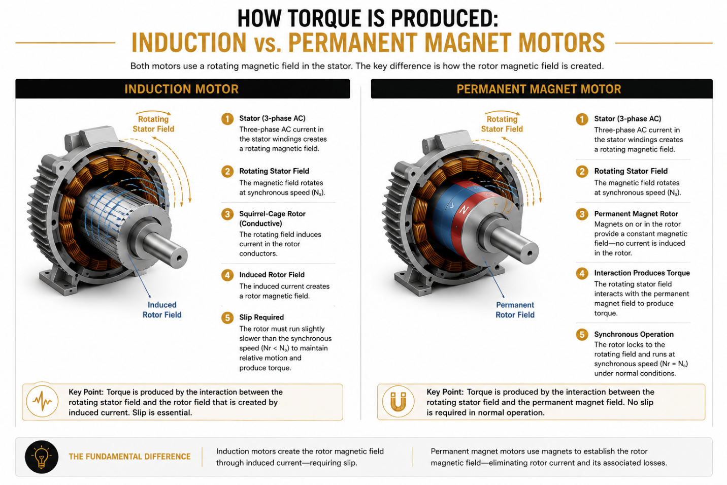 Diagram comparing torque production in induction and permanent magnet motors, showing induced rotor current and slip in an induction motor versus synchronous operation with a permanent magnet rotor.