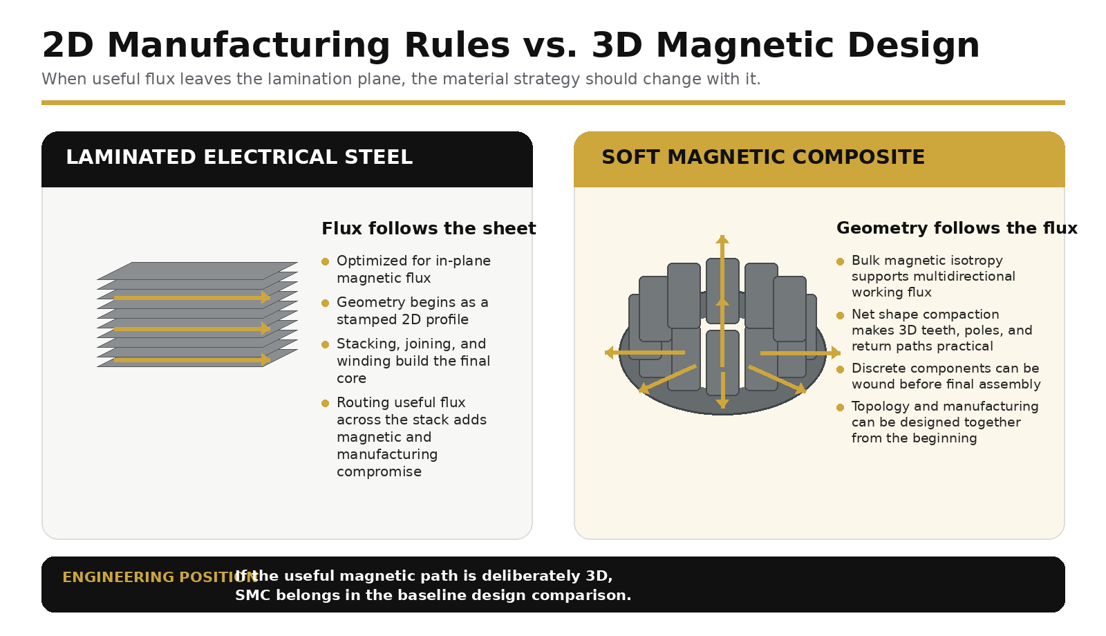 Comparison of laminated electrical steel and soft magnetic composite 3D flux design