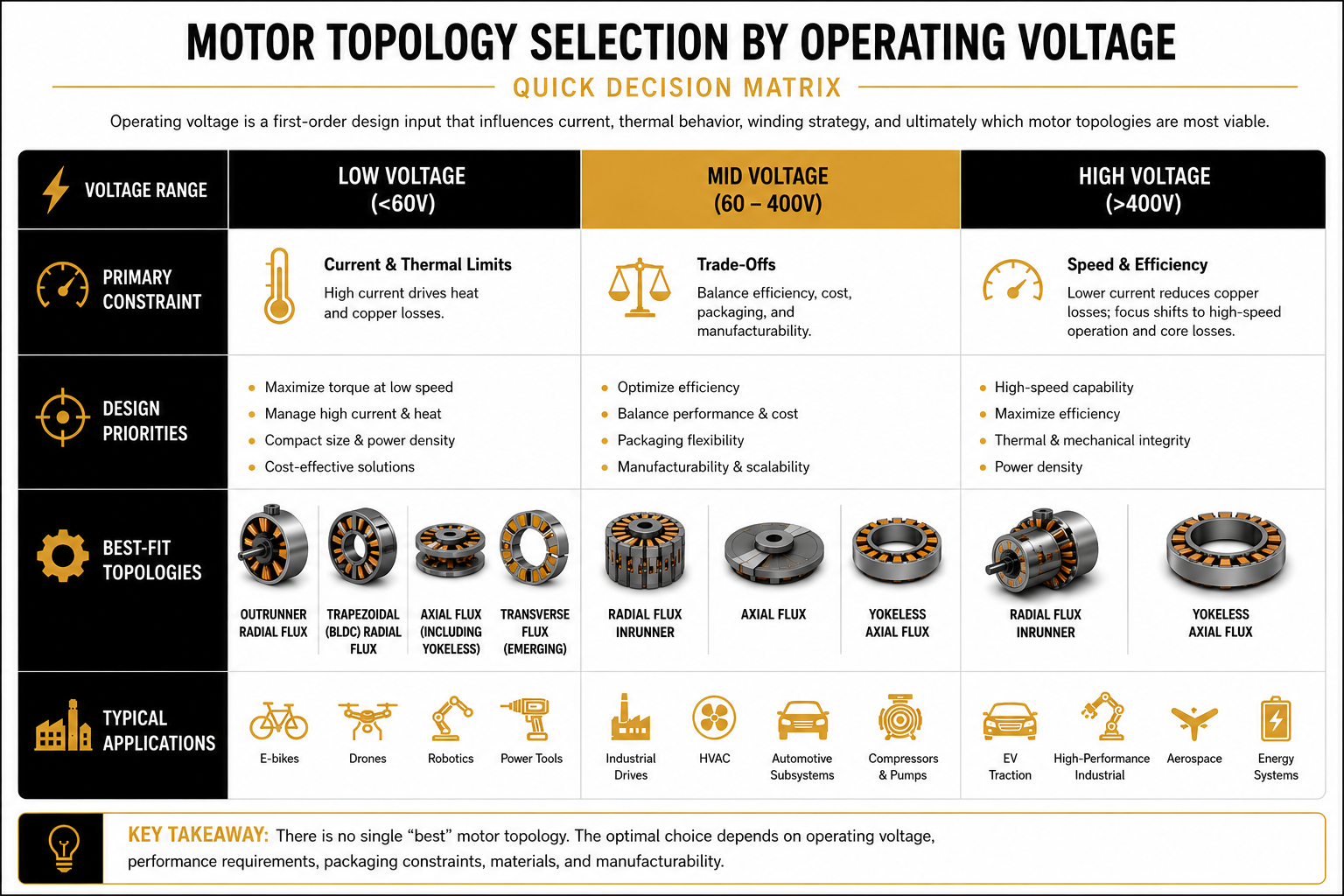 Motor topology selection matrix comparing low, mid, and high operating-voltage ranges, constraints, priorities, topologies, and typical applications.
